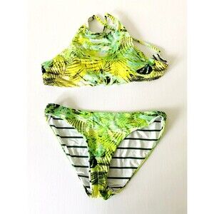 Tinibikini Reversible Bikini Top & Bottoms Floral Green Leaves & Striped Small
